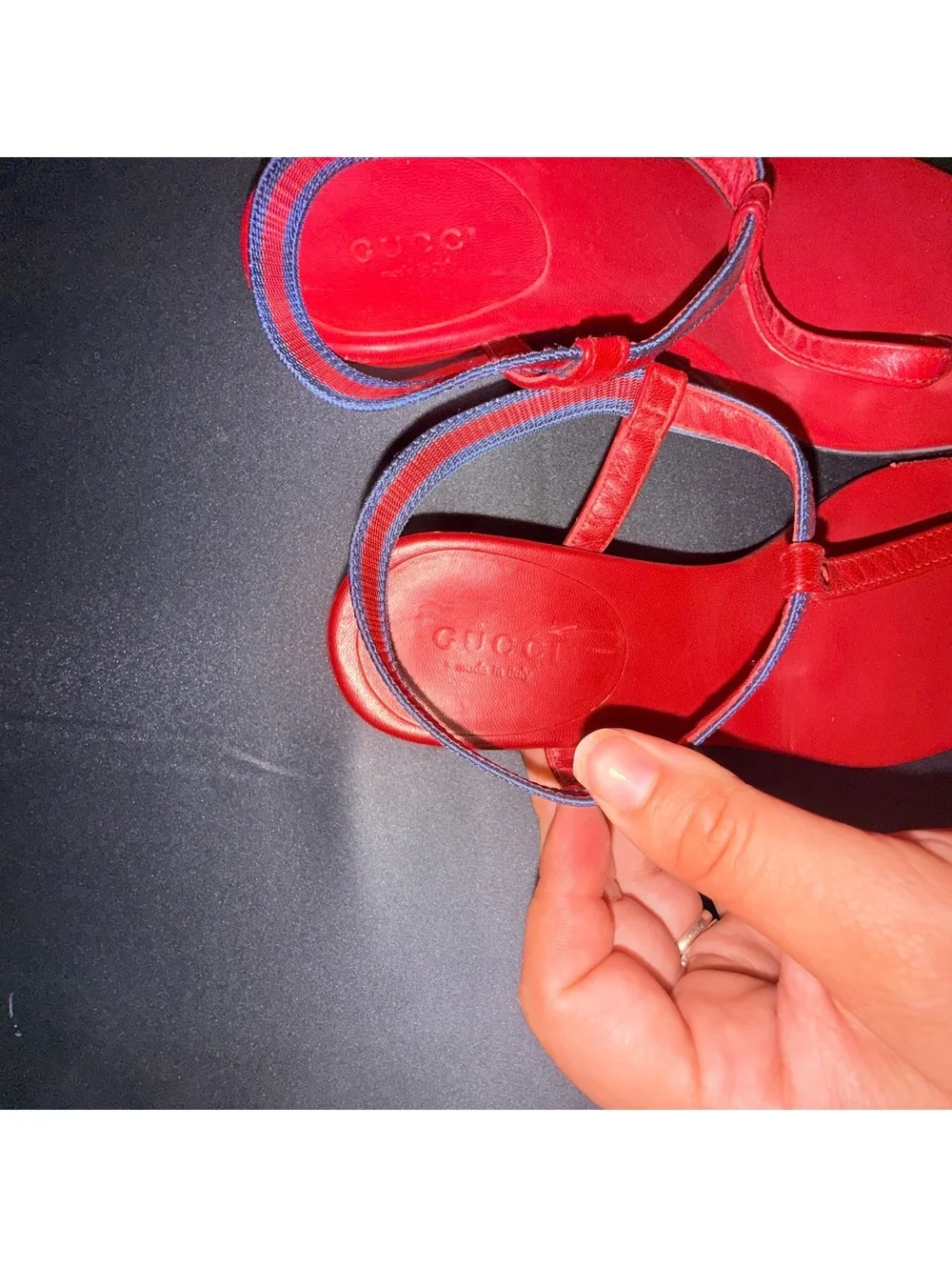 Gucci Red Leather T-Strap Sandals with Blue Trim